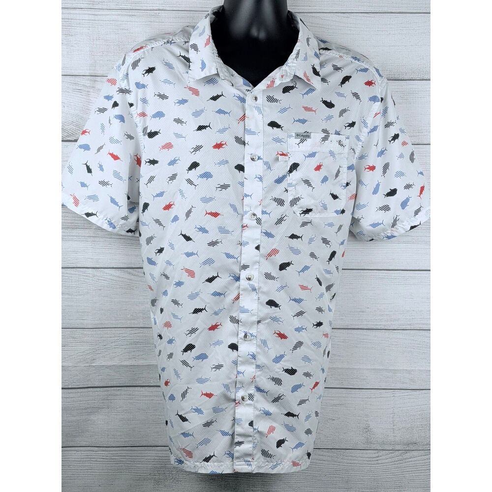 Columbia PFG Fishing Shirt XL White Fish Print Omni Shade Short Sleeve